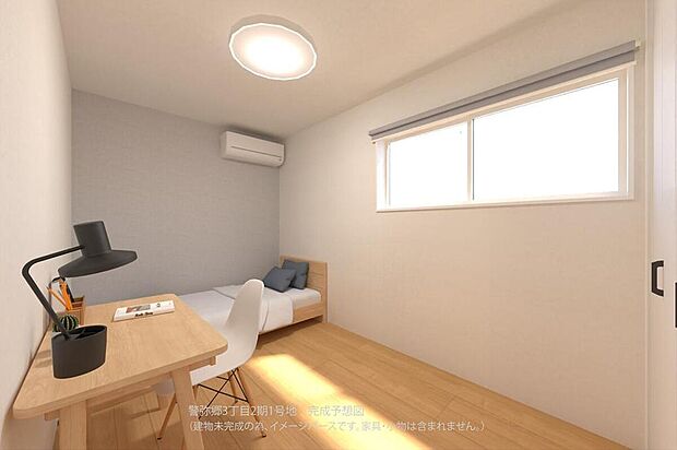 【【1号地内観パース/洋室】】子ども部屋や趣味部屋など、多目的に使いやすい約5.0帖の広さ。南東側の窓からあたたかな陽光が差し込みます。