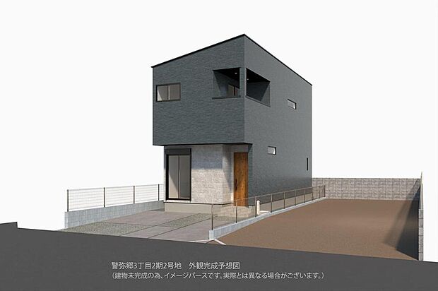 【【2号地外観パース】】直線的なフォルムとモダンなカラーが組み合わせられた外観デザイン。カースペースは並列駐車が可能です(車種による)。