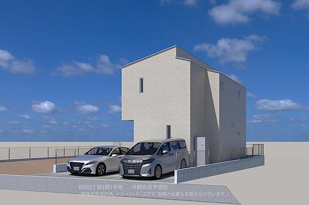 【【完成予想図(外観)/1号地】】ホワイトを基調としたシンプルモダンな外観。駐車2台可能で、飽きのこないデザインと暮らしやすさを兼ね備えた住まいです。
