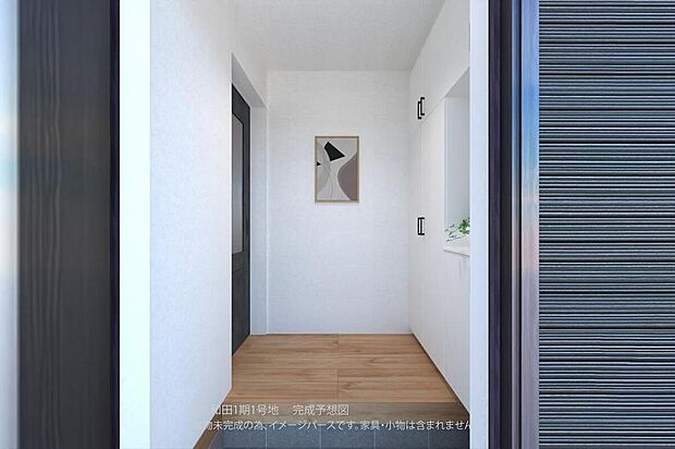 【【完成予想図/玄関】】コの字型のシューズボックスが備わっており、ご家族分のお履き物をたっぷりと保管できます。玄関先から室内が直接見えにくい、クランクイン玄関です。
