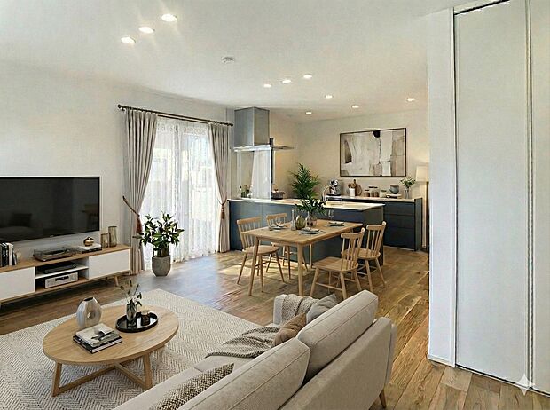 会話が弾むフラットキッチンで 料理中も家族やゲストとの会話を楽しむことができ、リビング全体を見渡せるため、小さなお子様を遊ばせていても常に目が届き、安心感をもたらします。