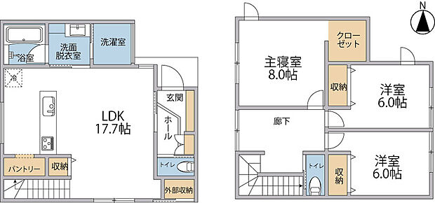ゆったり寛げる17帖超えの広々LDKを備えた3LDK。天候や季節を気にせず洗濯物を干せる便利なサンルームを完備しています。キッチン横のパントリーをはじめ、玄関収納、外部収納、全居室収納付き!