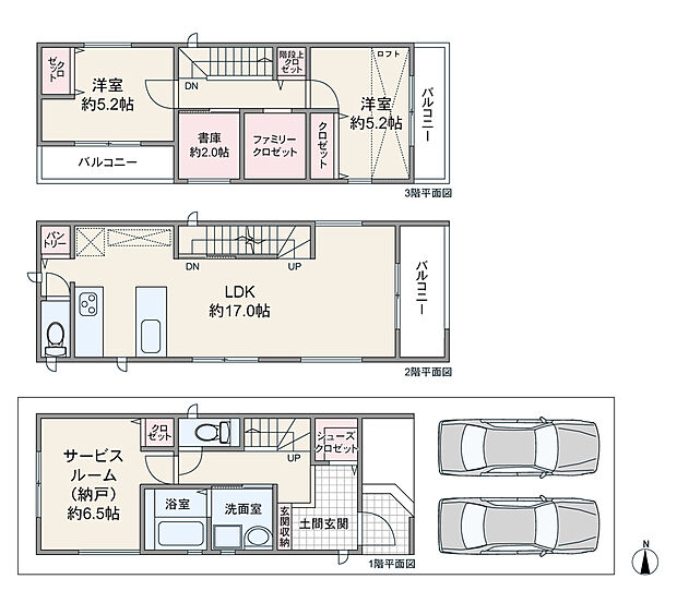 【2SLDK】間取りは延床面積101.24平米の2SLDK。外からの視線が気になりにくい2階リビングのプラン。二型キッチンで家事効率が良好です。各居室と3階廊下に収納スペースが設けられています。