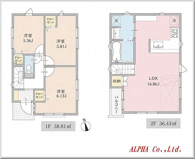こちらは間取り図になります。3LDKのゆとりある間取りになっております。2階に水廻りが集結しているので家事動線も組みやすくなっております。暮らしがとても便利になります。
