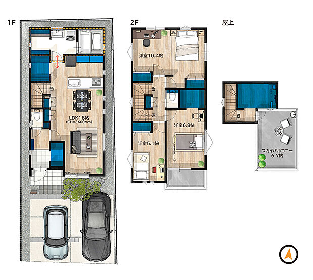 2階建×長期優良住宅×スカイバルコニー×LDK18帖×WIC&SIC×３帖の小屋収納×天井高2.6m×リビング階段採用！