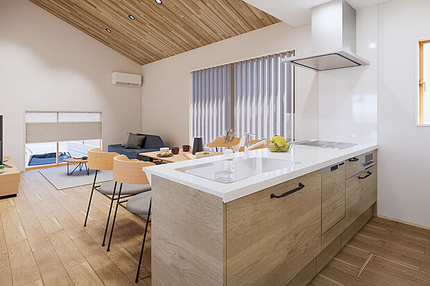 クリナップのシステムキッチン【ステディア】料理好きの方に嬉しい3口IHコンロ。食器洗い乾燥機、蛇口一体型浄水器が付きです!/15号地建物プラン