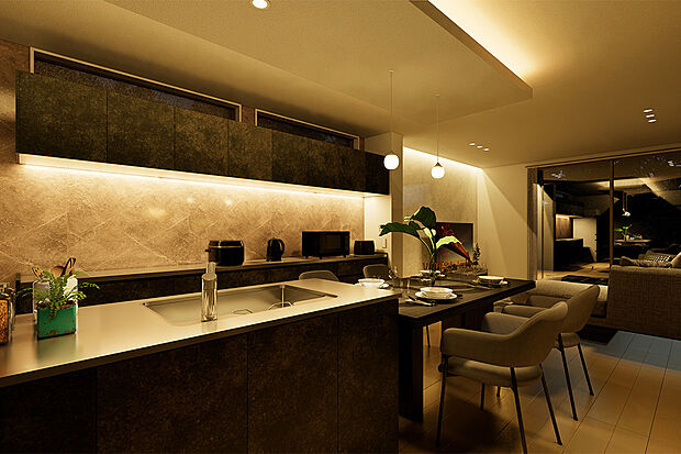 ダイニング横に設置されたカウンターは、家事の間のちょっと一息つきたいとき、お子様の宿題するスペースとして等、様々な使い方ができます。/6号地完成予想パース