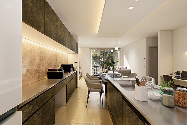 21.13帖のLDKは人気のI型リビング!リビング・ダイニング・キッチンが一直線に並んでいることで、視線が行き届き家族の会話が弾みます◎/6号地完成予想パース