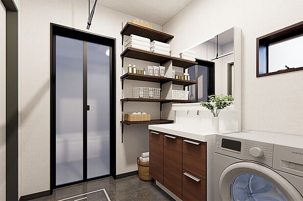 【洗面室】ヒーターなしでもくもりにくいエコミラーは電気を使わないのでエコで省エネ。収納棚を確保しているので空間を有効的に使用できます。2号地|建物プラン