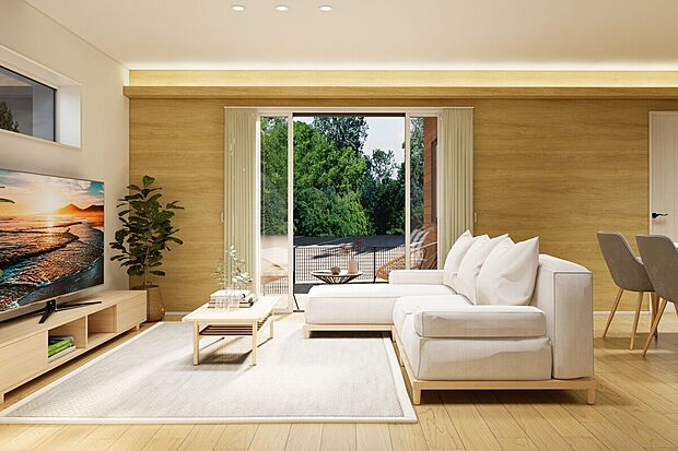 【LDK】家族の集うリビングだから、陽あたり風通しはイイ方が良い。ゆとりのあるLDKが爽やかな光に包まれます。3号地｜完成予想パース