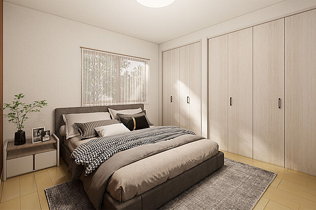 【主寝室】主寝室の広々収納は、衣類や寝具、季節性の家具・家電などさまざまなものが収納可能◎季節に応じた管理がラクになりますね!/6号地完成予想パース