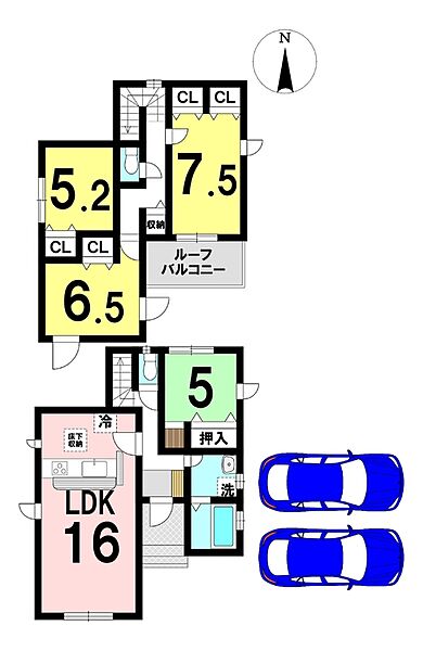 4LDKの間取り
駐車2台可能
(1号棟)