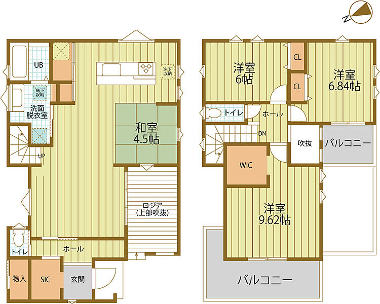 
【13号地モデルハウス・間取り】
リビングからつながるアウトドア空間がわくわくする住まい♪半屋外の庭スペース「ロジア」はBBQや外遊びなど、使い方自由自在！キッチン開放的なアイランドキッチンを採用☆