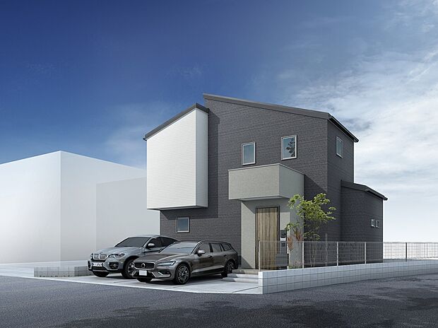 【外観パース・2号地】
青空に映えるスタイリッシュなデザイン☆
並列2台分の駐車スペースがあります(車種による)!