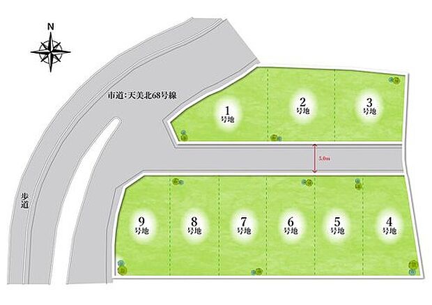  【全体区画図】
近鉄南大阪線「河内天美」駅まで徒歩17～18分の立地です。複数の買物施設や小・中学校が徒歩13分圏内に揃っています。日常の買出しや休日のお出かけ、お子様の通学にも便利なエリアです。