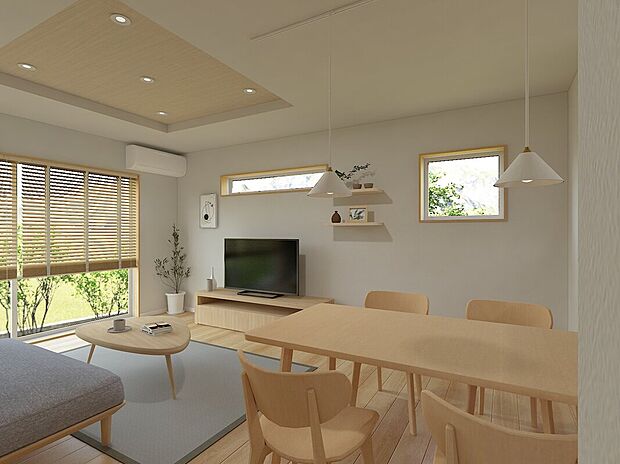 【2号地・LDKパース】
明るくナチュラルな内装。
2面採光で、心地良い光と風が通り抜けます♪