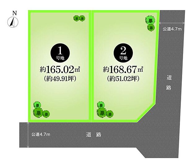 【全体区画図】
敷地面積49坪以上！1号地は、暮らしをイメージしやすい建売販売です♪低層住宅が建ち並ぶ、閑静な住宅地に位置しています。