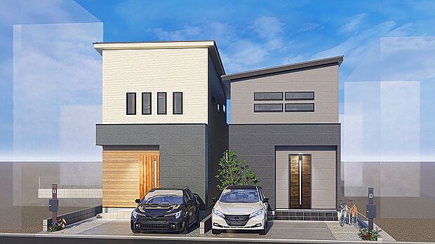 【【昼景・イメージパース/2号地(左側)・3号地(右側)】】2台分の駐車スペース(車種による)は、バイクや自転車置き場としても重宝します◎