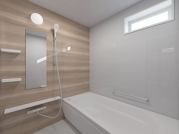【【浴室/パース/2号地】】 木目調のアクセントパネルを採用した浴室♪ 窓を配置しているため、気になる湿気をこまめに換気できます◎