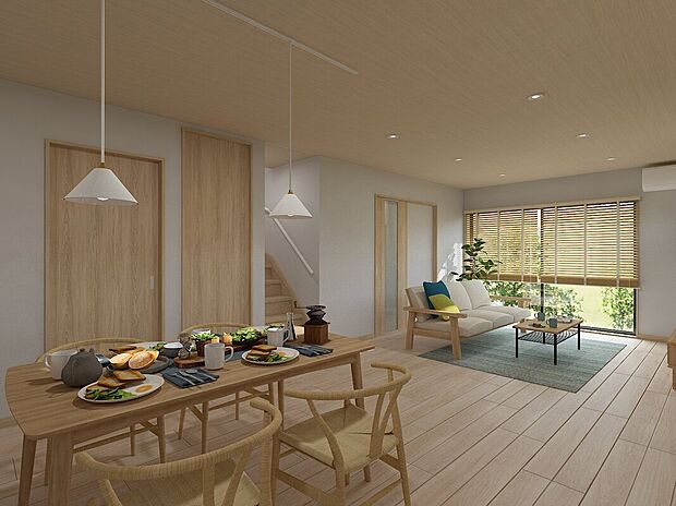 【【3号地・LDKパース】】家具のレイアウトで、
リビングとダイニングを緩やかにゾーニングできます◎