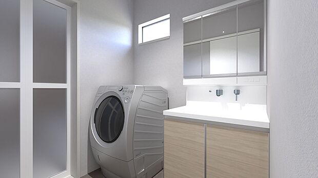 【【3号地・洗面室パース】】明るく清潔感のある洗面室♪ 身支度の際に便利な3面鏡タイプの化粧台を採用！