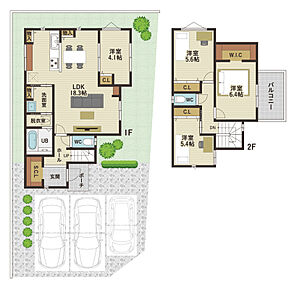全居室収納付きの4LDKの住まい。LDKは3面採光で、心地よい光と風を取り込めます！主寝室には収納力のあるWICを設置♪
◆1階面積：57.03m2
◆2階面積：42.31m2 