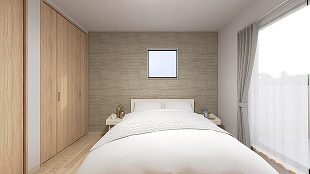 【【1号地・主寝室パース】】アクセントクロスを施し、落ち着いた印象の主寝室。各居室に収納があるので、空間を広々と使えます♪
