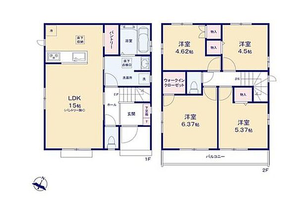 【4LDK】☆水回り集中設計で家事効率がアップ！
☆キッチンは広々としたパントリー付き♪
☆主寝室にはウォークインクローゼット完備！
☆2部屋から行き来できる続きバルコニーでお洗濯も快適♪