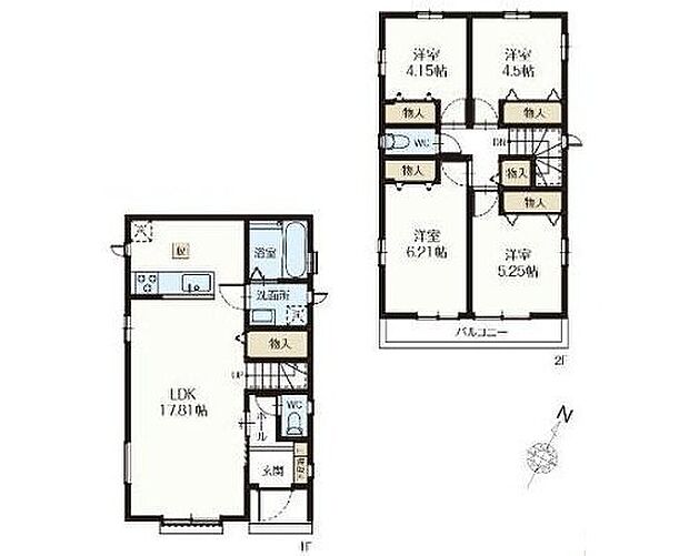 【4LDK】ご家族が集う空間と、個の時間を大切にする居室をしっかり分け合える２階４居室プラン♪
階段下のスペースを有効活用したリビング収納や、掃除用具の整理にも便利な廊下収納など収納も充実☆