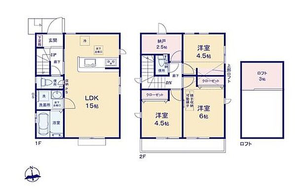 【3LDK+S】◇ご家族が集う空間と、個の時間を大切にする居室をしっかり分け合える２階３居室プラン♪
◇窓付きで書斎等としても使えるサービスルーム♪
◇季節物や趣味の物までたっぷり収納できるロフト付き♪