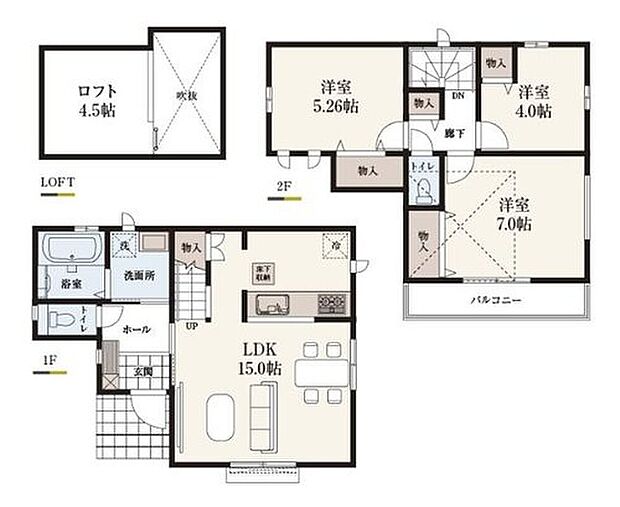 【3LDK】◆LDK15帖！階段下を利用した収納はパントリーとしても活躍♪
◆リビングイン階段でご家族のコミュニケーションが増えます♪
◆全居室に収納つき！便利な廊下収納も完備♪