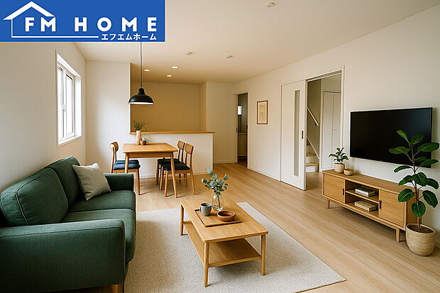 ■内装写真■
家族やゲストと穏やかな時間を過ごせるリビングです。柔らかな自然光が差し込み、落ち着いた雰囲気をもたらします。
※インテリアはCG加工で合成したイメージです。