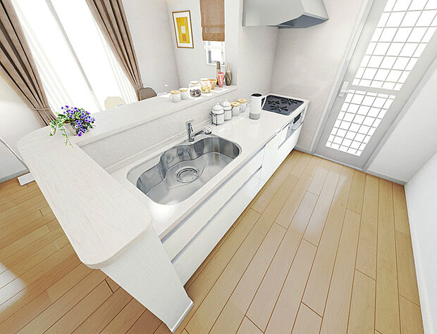 【システムキッチン】浄水器付きでいつでもおいしい水を手軽に使えます。3口コンロでお料理の効率もアップ!家事の負担を軽減する食器洗浄乾燥機を標準装備しています。