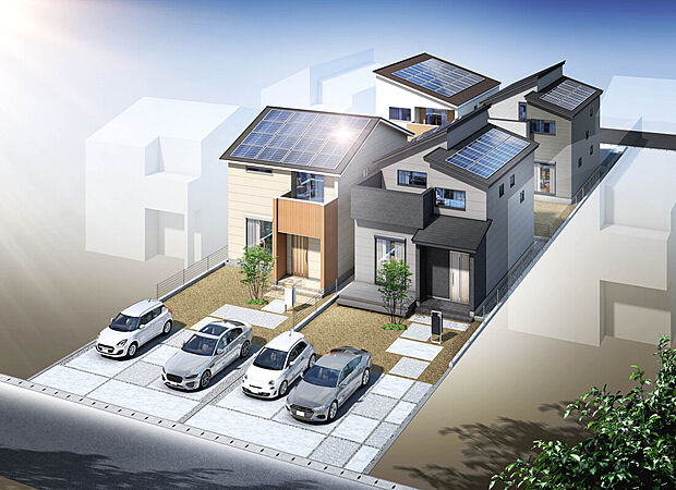 【完成予想図(外観)】
全区画180m2超の広々とした住まいで全邸南側開放。太陽光発電システムや充実の設備仕様を搭載した、ZEH住宅です。