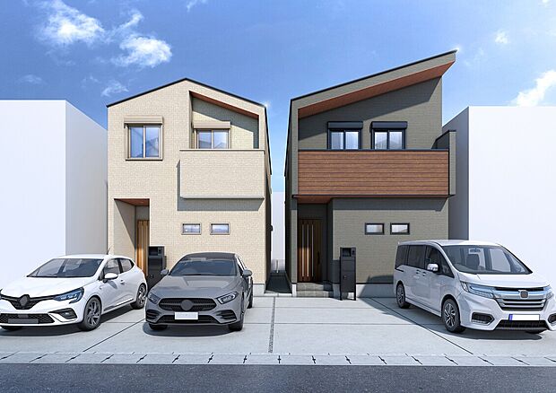 【3・4号地完成予想図(外観パース)】制震ダンパーミライエや宅配ボックス、ガス乾燥機「幹太くん」が標準仕様の住まいです。2台分のカースペースを確保しております(車種による)。