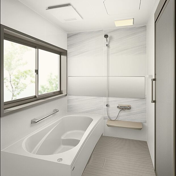 【バスルーム】快適性はもちろん、節水・断熱性を追求したシステムバス。「キープクリーンフロア」や「キープクリーンドア(片引戸)、ホーロークリーン浴室パネルを採用しており、毎日のお手入れもしやすい仕様です。