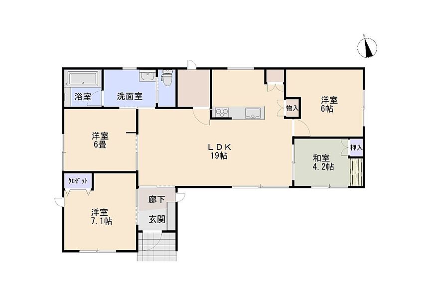 ◇対面キッチンのある広々19帖のリビング♪
◇家事動線が楽で魅力的な平屋建て♪
◇豊富な収納スペース♪