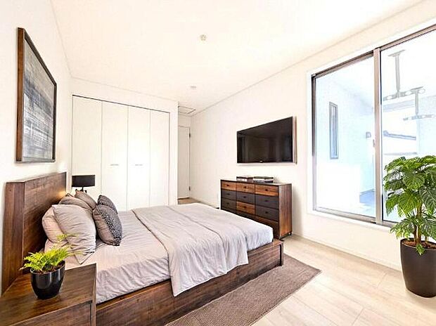 【洋室(家具配置イメージ画像)】2号棟の洋室に家具を配置したイメージ画像です※本画像はCGで作成しており、実際に現地に 家具は置かれておりません。また、価格に 家具は含まれておりません。