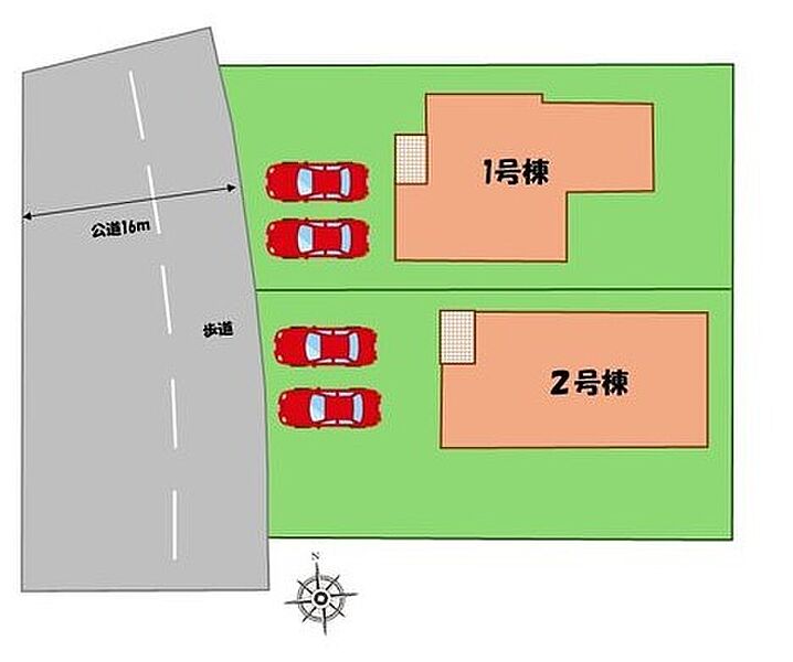 ≪全体区画図≫
駐車２台可能（車種による）！
急な来客時や、ご家族の自転車スペースとしても大活躍♪