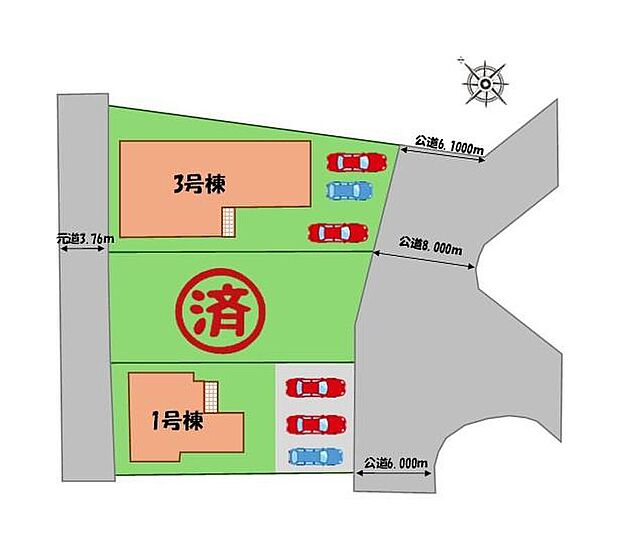 ≪全体区画図≫
駐車３台可能（車種による）！
急な来客時や、ご家族の自転車スペースとしても大活躍♪