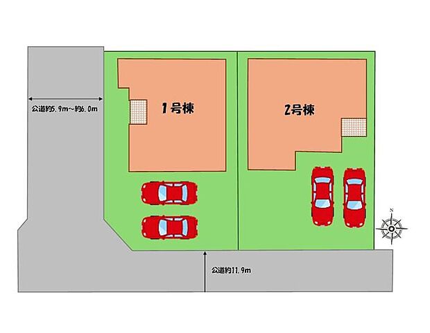 ≪全体区画図≫
駐車２台可能（車種による）！
急な来客時や、ご家族の自転車スペースとしても大活躍♪