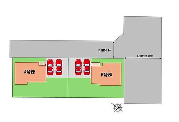 ≪全体区画図≫
駐車2台可能!(車種による)
空いたスペースには、花や緑で彩るガーデニングもオススメです♪