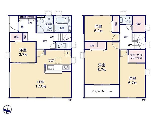 (２号棟)、価格2290万円、4LDK+S、土地面積171.36m2、建物面積108.47m2 
