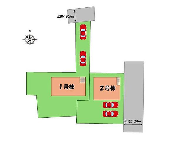 ≪全体区画図≫
駐車２台可能（車種による）！
急な来客時や、ご家族の自転車スペースとしても大活躍♪