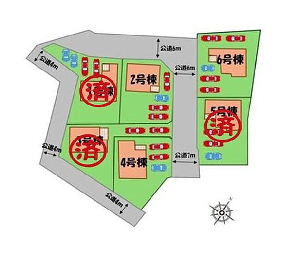 【≪全体区画図≫】駐車２～５台可能（車種による）！
急な来客時や、ご家族の自転車スペースとしても大活躍♪