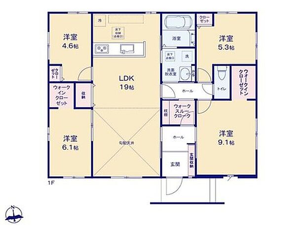 【4LDK】玄関入ってすぐにウォークスルークロークが設置されております!出入口が2ヵ所ありますので、帰宅後、コート・帽子等を置きリビングを通らずに洗面所で手を洗えと生活動線がスムーズです!