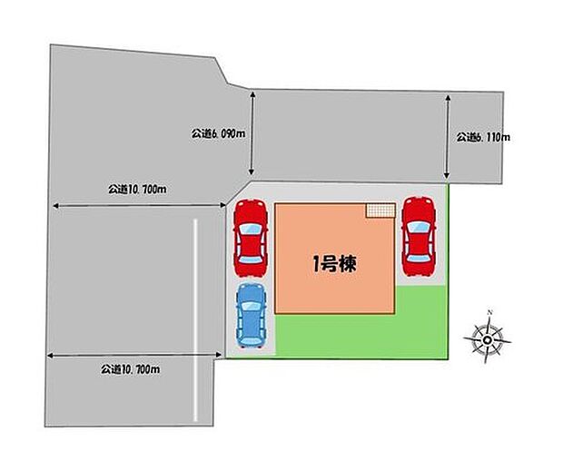 【 全体区画図 】駐車3台可能(車種による)!
急な来客時や、ご家族の自転車スペースとしても大活躍♪