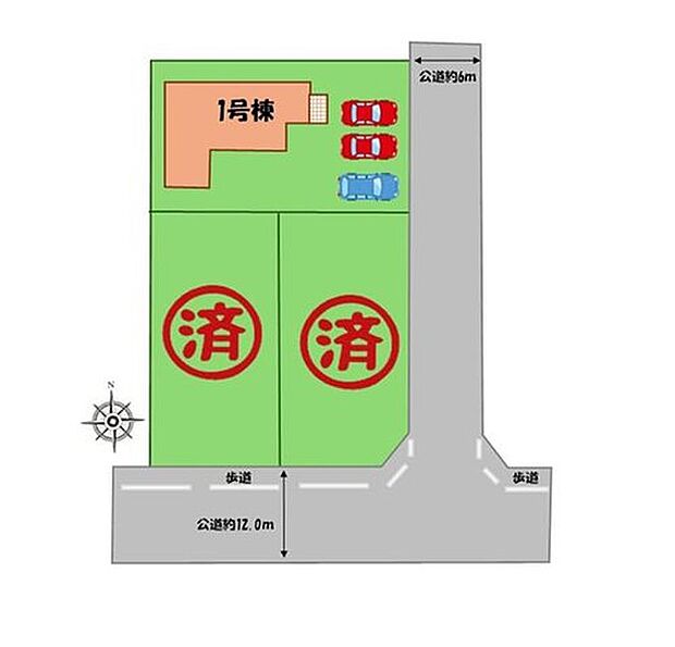 【全体区画図】駐車3台可能(車種による)!
急な来客時や、ご家族の自転車スペースとしても大活躍♪