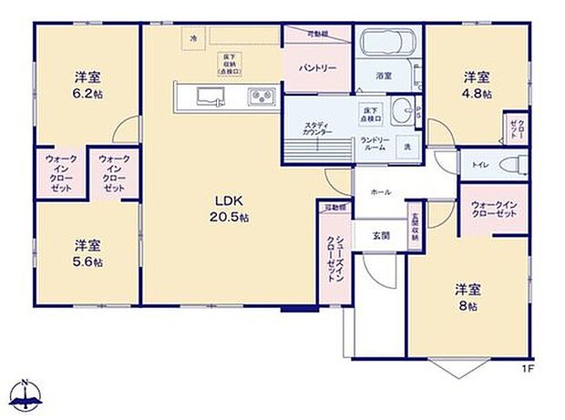 【4LDK】玄関の横に収納スペース♪そこに靴やスニーカー、場所の取る長靴やブーツはもちろんのこと、ベビーカーやゴルフバックなどをスッキリと片付けられます！