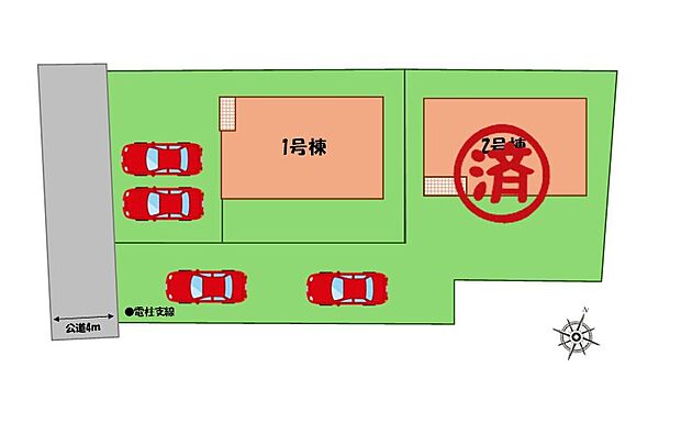 【全体区画図】駐車２台可能（車種による）！
急な来客時や、ご家族の自転車スペースとしても大活躍♪